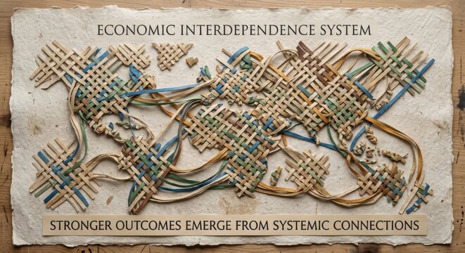 Intricate Woven Paper Bands Form Global Economic Interdependence System on Textured Background