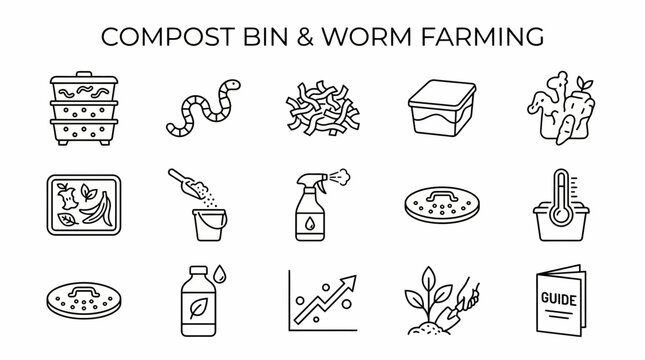 A grid of 15 blackline icons representing composting and worm farming equipment food waste and gardening tools