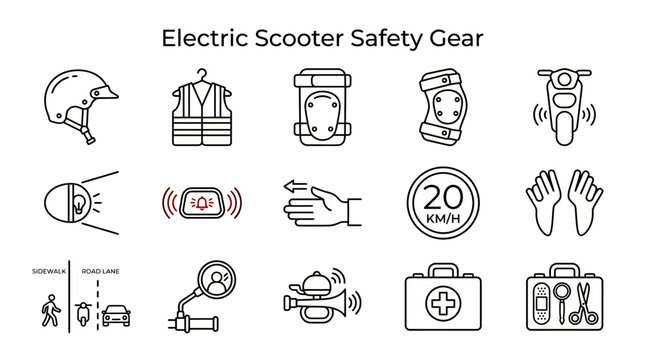 A grid of 15 blackline icons representing electric scooter safety gear and traffic awareness on a white background