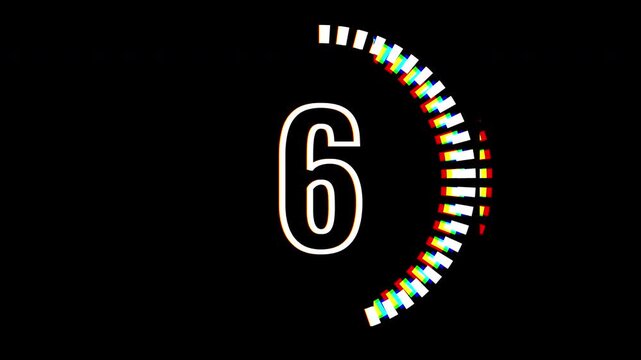 Countdown glitch animation ten to zero on black background 4K Resolution. 10 second Countdown timer with circular progress bar.