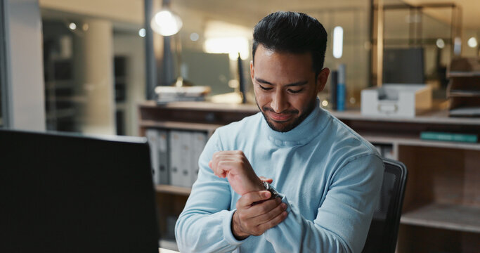 Laptop, wrist pain and business man in office with carpal tunnel, discomfort or burnout. Male person, accounting and tech for financial planning with hand strain injury, ergonomics or tendinitis