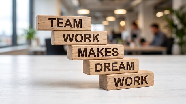 Teamwork makes the dream work wooden blocks on office desk for business success concept