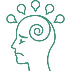 Minimalist teal line art on black background depicting a sad human profile with a spiral brain and floating thought bubbles, symbolizing mental distress.