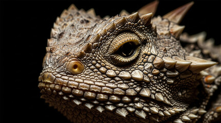 Fototapeta premium Horned toad displays intricate body armor and sharp horns in a close-up profile.