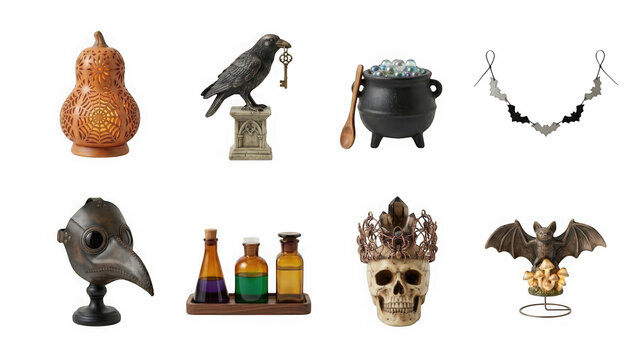 Collection of various halloween themed home decor items isolated on transparent background