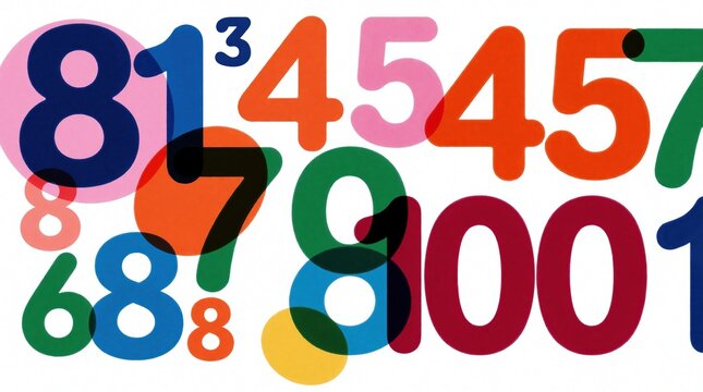 Colorful, overlapping numbers in various sizes and styles fill the frame against a white background. Digits from zero to nine appear, along with 81 and 100, suggesting counting and calculation.
