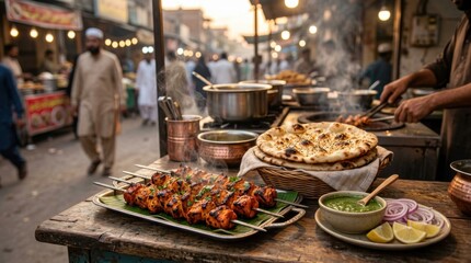 Fototapeta premium Colorful Pakistani street food platters displayed on wooden table at bustling outdoor market