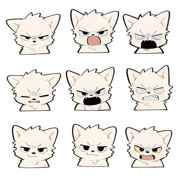 Set of angry white cat facial expressions.