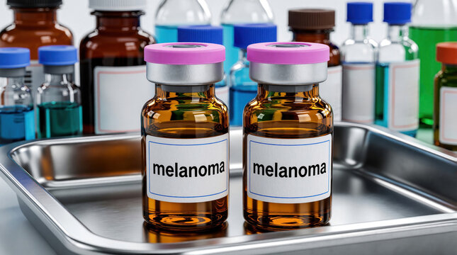 Two amber glass vials labeled melanoma sit on a metal tray. Behind them, various lab bottles hold colored liquids. Research shows cancer drug development progress.