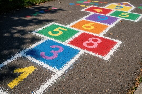 Brightly colored hopscotch grid drawn with chalk on asphalt. Numbered squares invite outdoor play, fun, and childhood activity. Classic game for kids enjoying sunny days outside.