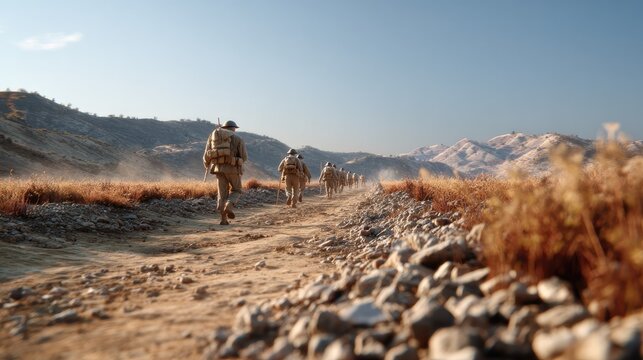 Marching Towards the Horizon: A squad of soldiers traverses a dusty, arid landscape, their silhouettes marching purposefully along a rocky path under a clear, vast sky.