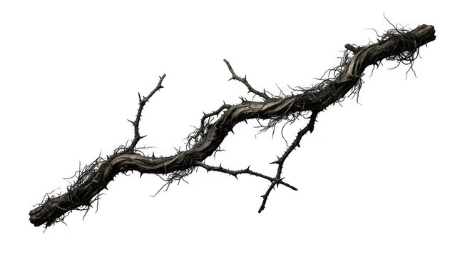 Twisted dry tree branch with thorns and moss, isolated on transparent background