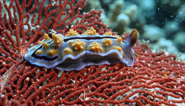 vibrant nudibranch sea slug with yellow-tipped tubercles resting on coral reef in underwater marine ecosystem