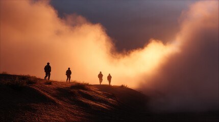 Fototapeta premium Dawn's Embrace: Silhouettes of four hikers stand on a ridge, bathed in the warm, ethereal glow of the sunrise breaking through dramatic clouds.