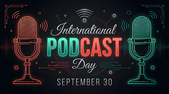 International podcast day neon light design featuring two microphones on dark background, microphone