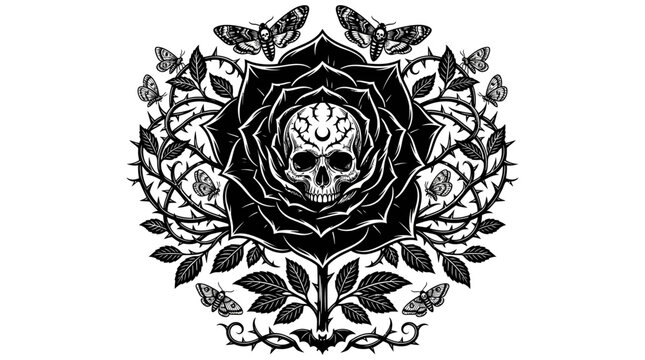 Gothic Rose Skull Butterfly Art, Dark Macabre Floral Design