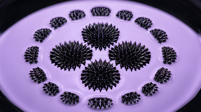 Black ferrofluid spikes forming circular patterns on purple liquid surface in macro view