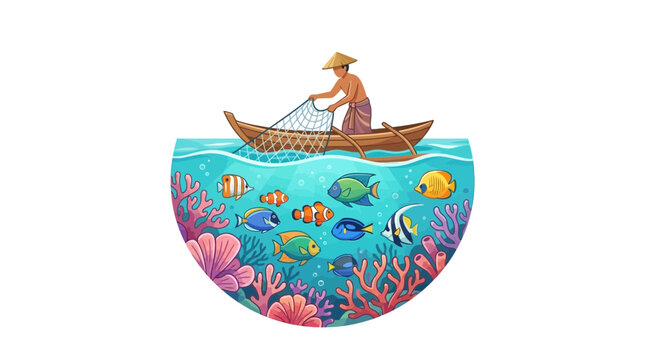 Half-circle cross-section of fisherman and thriving coral reef.