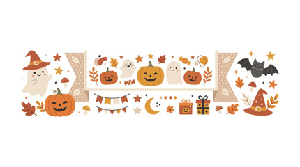 Fototapeta premium Halloween banner with pumpkins and ghosts.