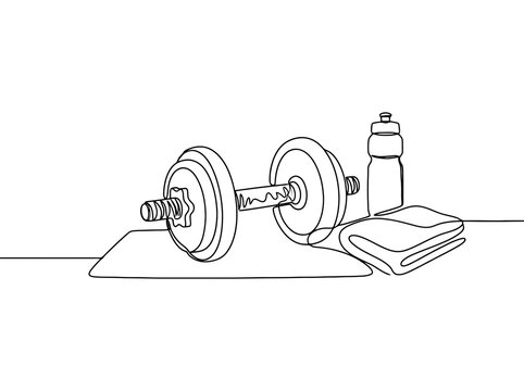 A single line drawing of a dumbbell water bottle and towel for fitness training