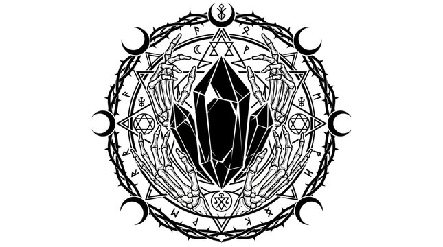 Mystical Crystal Held by Skeleton Hands, Occult Symbols, Black and White