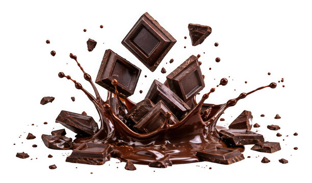 Falling chocolate bar pieces splashing into a pool of melted chocolate, isolated on transparent background