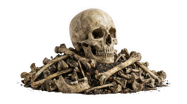 Human skull resting on a pile of various bones and soil isolated on transparent background