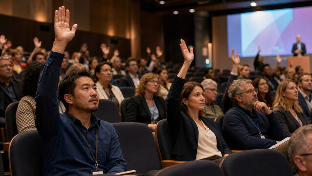 Audience members with raised hands participate in a conference session, seated in a modern auditorium with a speaker visible at the front, engaging in a discussion or Q&A session