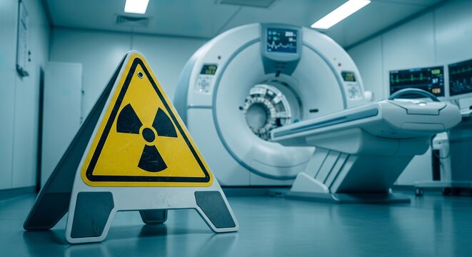 Radiology Room with CT Scanner and Caution Sign