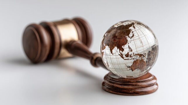 Wooden judge gavel and globe on desk, law and justice concept photo, legal authority and international court background