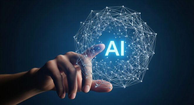 Human Hand Interacting with an Artificial Intelligence Neural Network Sphere Concept