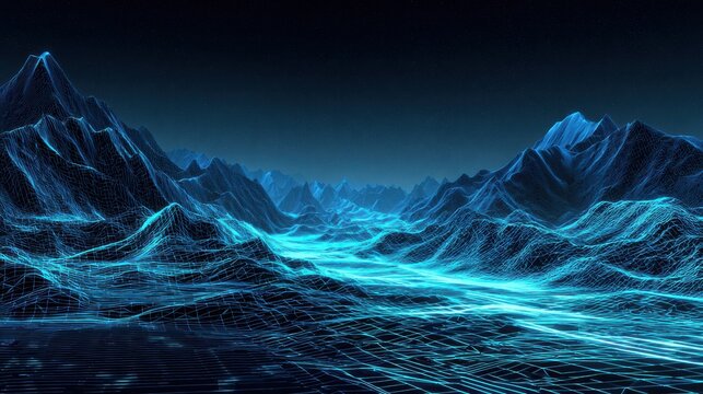 Futuristic digital landscape, glowing blue wireframe mountains and grid terrain, abstract technology background for sci fi design