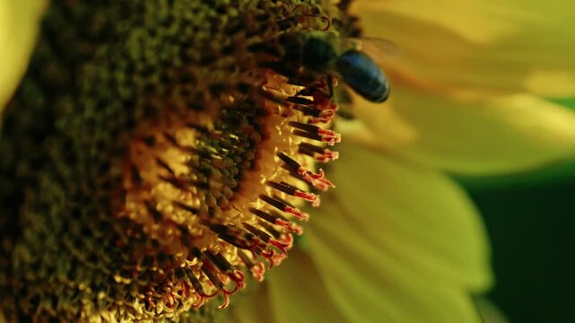 Macro close-up of a honeybee pollinating a blooming sunflower head, collecting nectar and pollen in warm golden sunlight.