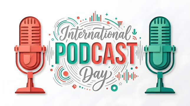 International podcast day celebration graphic with stylized microphones and sound waves, microphone
