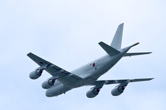 Kawasaki P-1 maritime patrol aircraft of Japan Maritime Self-Defense Force flying in sky
