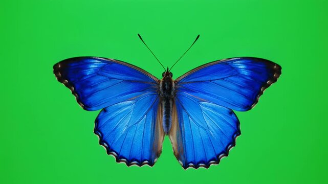 Blue Morpho Butterfly in various wing positions against a green screen with subtle camera zoom
