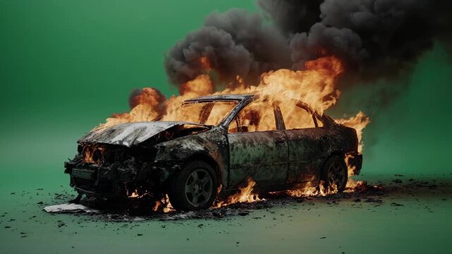 Burning car engulfed in intense flames against a vibrant green screen background with billowing smoke