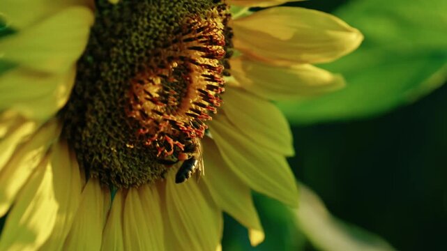 Macro close-up of a honeybee pollinating a blooming sunflower head, collecting nectar and pollen in warm golden sunlight.