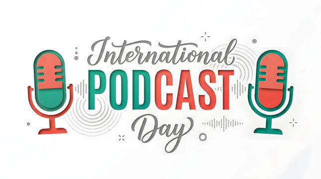 Minimalist international podcast day design featuring simple microphone icons and typography, streaming