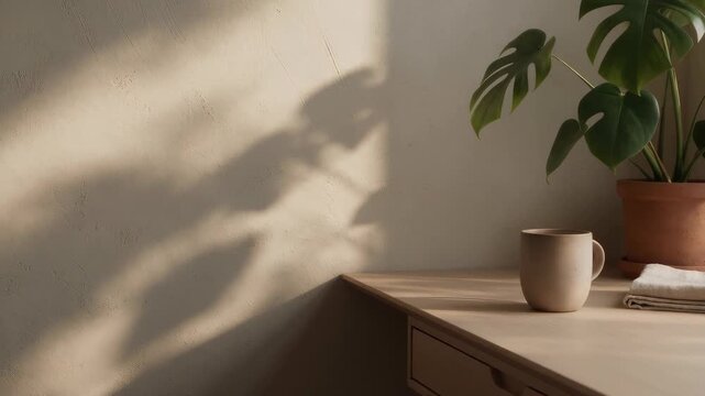 Sunlight and monstera leaf shadows drifting across a warm plaster wall