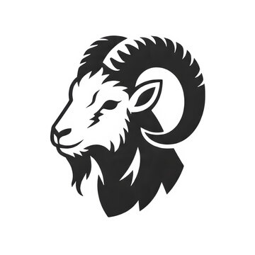 A black and white mountain goat head logo illustration isolated on white background.