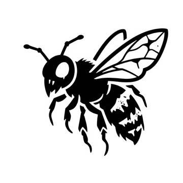 A black and white line art vector illustration of a zombie bee insect logo isolated on white background.