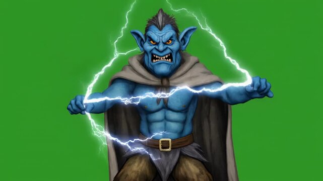 Blue Orc Warrior conjuring electric energy with arms in a mystical green screen setting