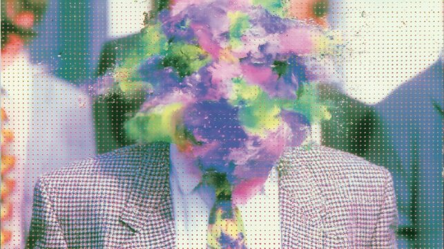 Distorted male portrait dissolves into colorful glitch pixels and abstract noise