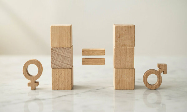 Social balance and equal rights concept with wooden human figures and equality sign.
