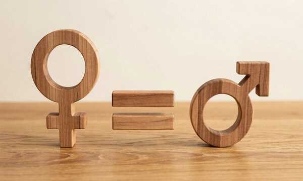 Social balance and equal rights concept with wooden human figures and equality sign.