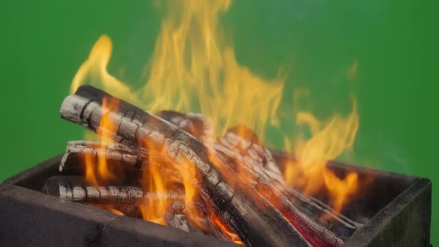 Burning logs in a brazier with cinematic motion against a green screen background creating a warm ambiance