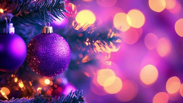 Purple ornaments hang on a christmas tree as colorful lights twinkle in the background during the holiday season