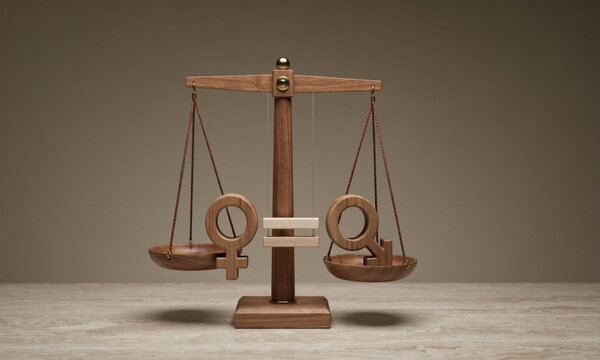 Social balance and equal rights concept with wooden human figures and equality sign.