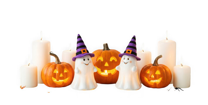 Halloween decoration with glowing pumpkins, ghost figures in witch hats, and white candles isolated on transparent background